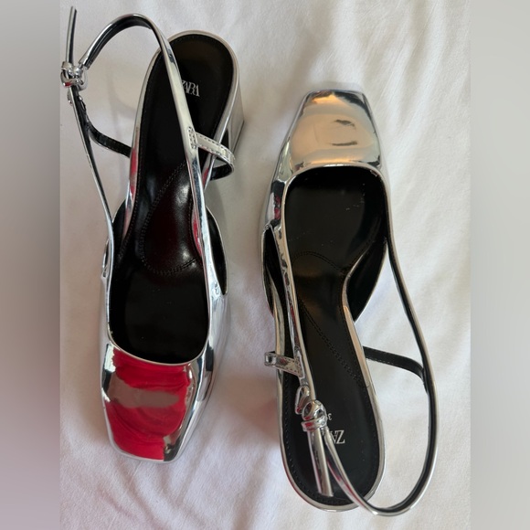 Zara Metallic Silver Slingback shoes heels size 8 Eur 39 - Picture 9 of 11